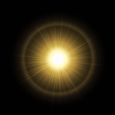 Siyah arka planda parlak güneş. Işık huzmeleri, parlak güneş ışınları yaz arkaplanı. Sıcak ve Parlak Güneş Işıkları vektörü