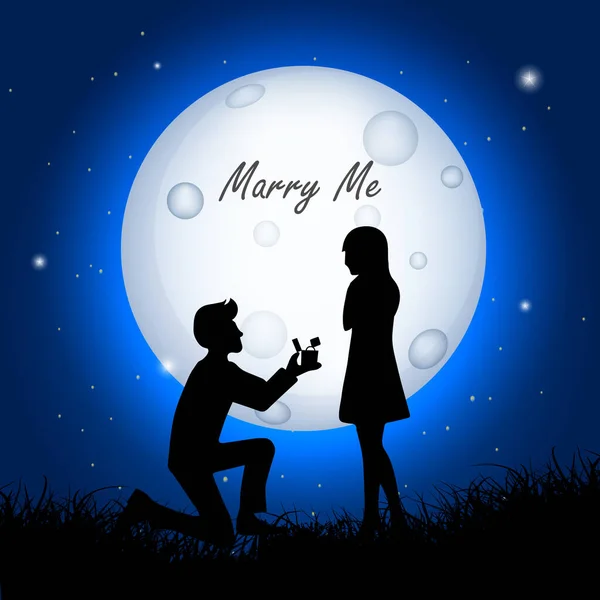 星の夜の背景に隔離されたデザインと結婚してください 男は月の背景との結婚のための女性を提案する 月の夜の背景にカップルのシルエット — ストックベクタ