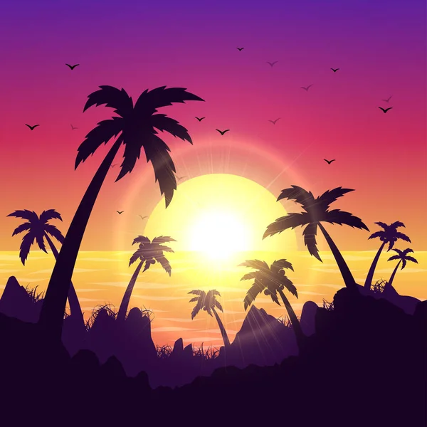 Palmiye Ağacı Parlayan Güneş Işığı Vektörüyle Zarif Bir Günbatımı Arka — Stok Vektör