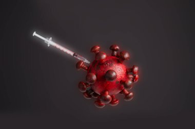 Corona virüsü modeli, covid-19, siyah arka planda kırmızı, aşı virüste.