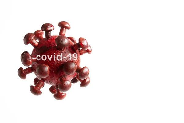 Model Corona Virus Word Covid Red White Background — Stock Photo, Image