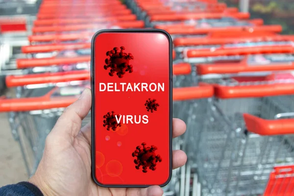 Anzeige Eines Mobiltelefons Einkaufswagen Hintergrund Anzeige Zeigt Covid Virus Und — Stockfoto