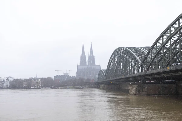 Köln Karlı Havalarda Katedrali Hohenzollern Köprüsü Olan Panoraması Ren Nehri — Stok fotoğraf