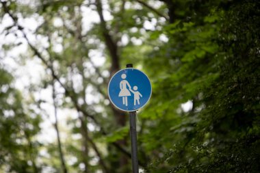 Ağaçlar ve çalılar arasında mavi yaya yolu tabelası