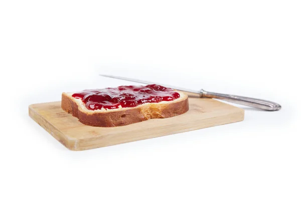 Piece White Bread Strawberry Jam Silver Knife Isolated White Background — Stock Photo, Image