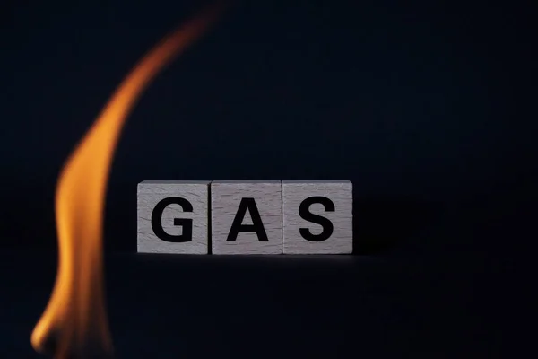 Wooden Blocks World Gas Flame Black Background — Stock Fotó