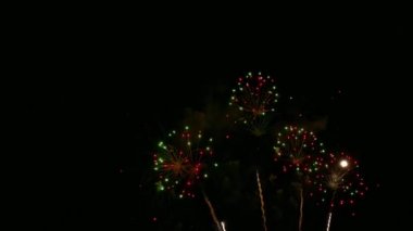 Karanlık gece gökyüzünde parlayan renkli havai fişeklerin 4K videosu