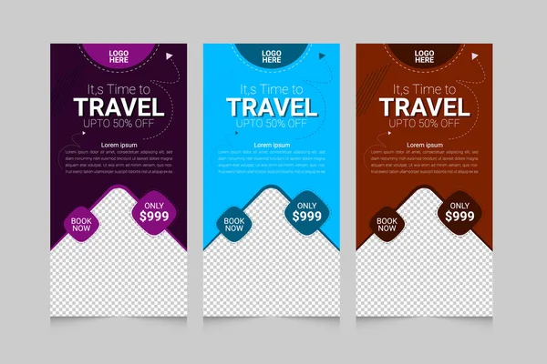 Travel tours banner template, vertical advertising business banner layout template flat design set