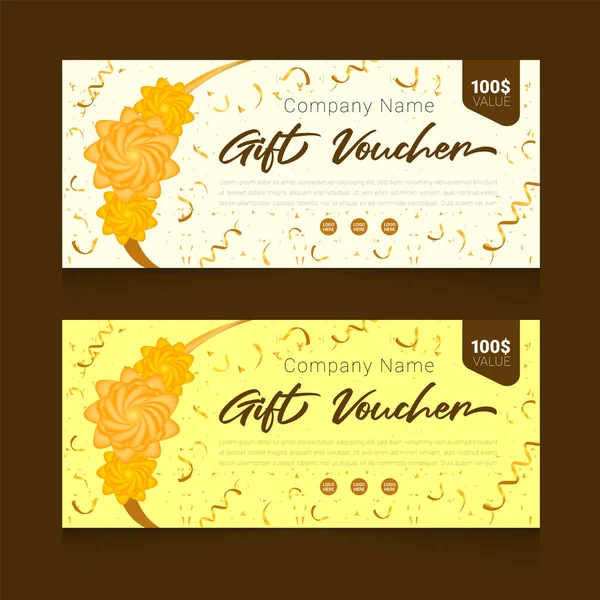 Realistic gift voucher with golden color ribbon horizontal banners template design