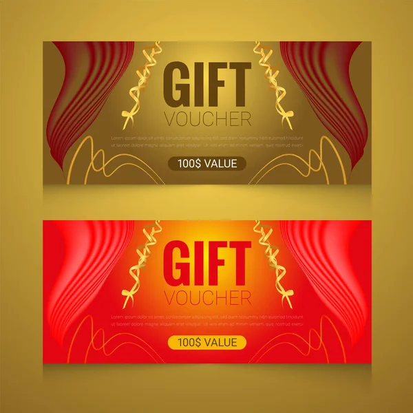 Realistic Gift Voucher Golden Color Ribbon Horizontal Banners Template Design — Wektor stockowy