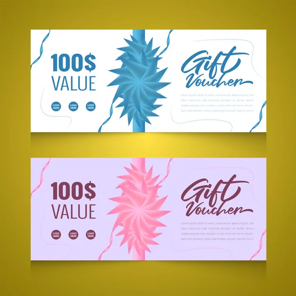 Realistic gift voucher with golden color ribbon horizontal banners template design