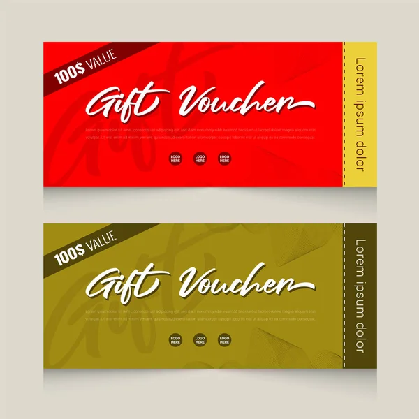 Realistic gift voucher with golden color ribbon horizontal banners template design