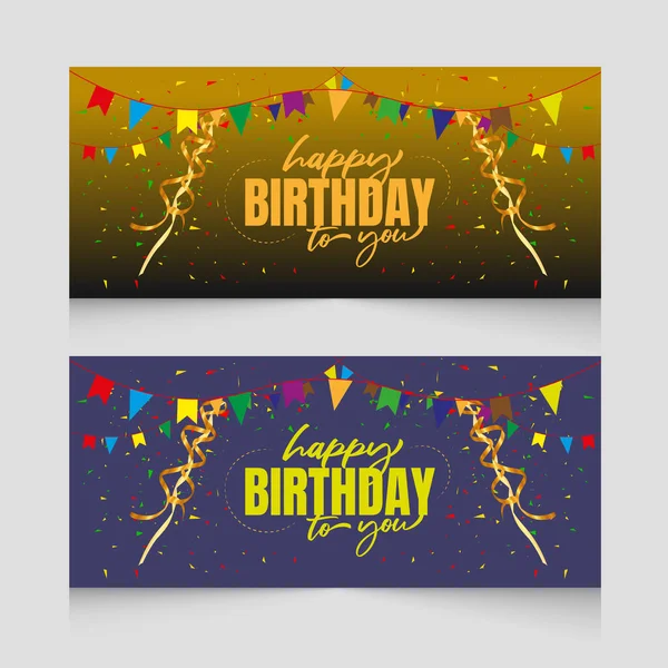 Happy birthday celebration with golden color ribbon and geometric horizontal banner design