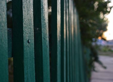 Yeşil boyalı eski moda ahşap çitler. Parlak yüzey. Kapatın. Arkadaki büyük ağaç. Sonbahar günbatımı. Şehir manzarası.