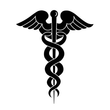 Caduceus symbol of medicine. Rod with wings and two serpents, herald's wand, Hermes staff. Black. Isolated on white background. Vector illustration.