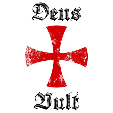 Deus vult. İlahi takdiri ilahi bir ilke. İlk kez 1096 'daki Birinci Haçlı Seferi sırasında Katolikler tarafından ilahi okundu. Grunge baştan çıkarıcı kızıl haç. Şövalyeler Haçlı sembolü. Vektör illüstrasyonu.