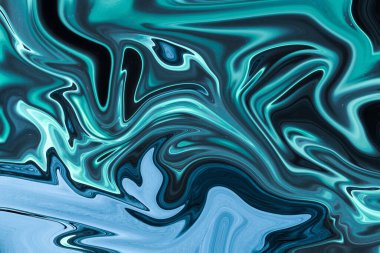 Soyut mavi, siyah, gri, turkuaz sıvı zemin. Sıvı dokusu. Karışık renk akış tekniği. Duvar döşemeleri için duvar kağıtları.