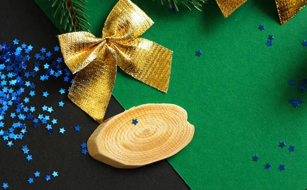 Natale Colorato Sfondo Capodanno Biglietto Auguri Fiocco Oro Stelle Blu — Foto Stock