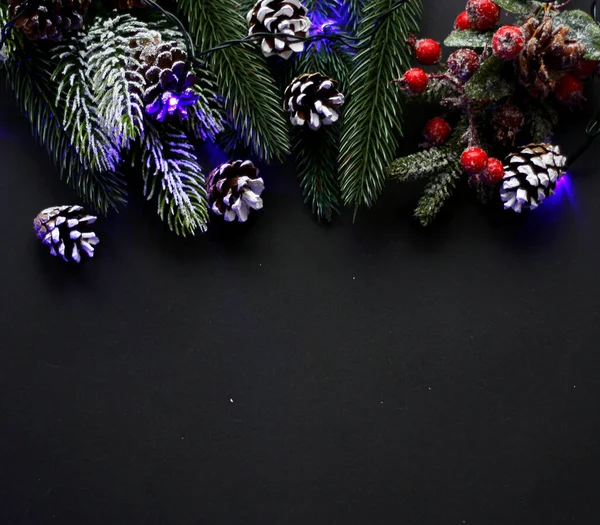 Vánoční Přání Šablona Smrkovými Větvemi Zasněženými Kužely Červenými Bobulemi Modrým — Stock fotografie