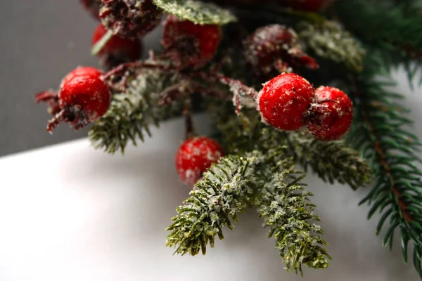 Bacche Rosse Ricoperte Neve Lucida Con Rami Abete Rosso Sfondo — Foto Stock