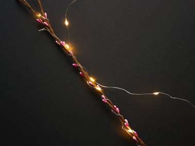 Pussy willow decorative twigs wrapped in led lights garland on a black background. Top view.