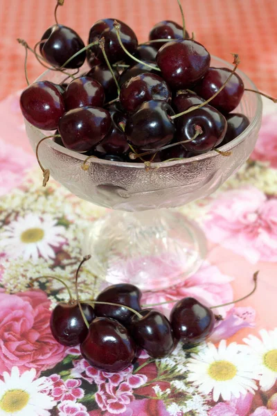 Pome Fruit Dark Red Cherries Glass Bowl — Photo