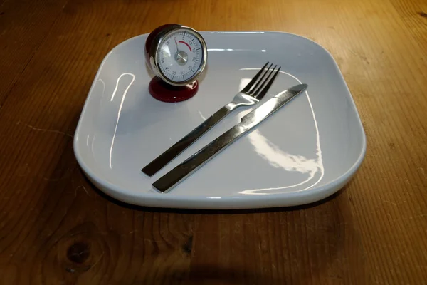 Symbolic Image Diet Weight Control Interval Fasting Empty Plate Stopwatch — Zdjęcie stockowe