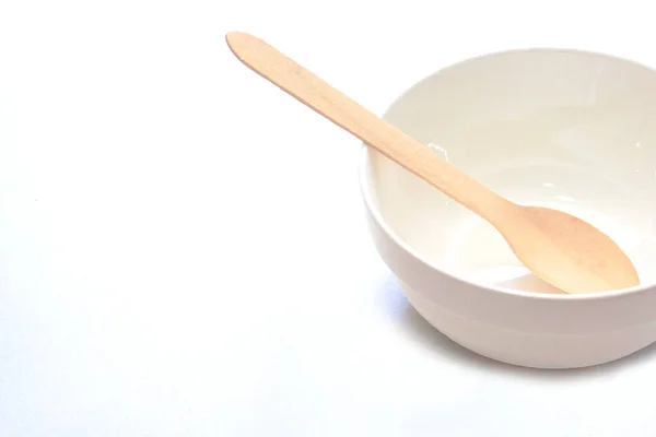 Empty Ceramic White Bowl Wooden Spoons Wooden Forks White Background — ストック写真