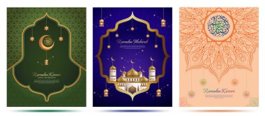 Ramazan Kareem tebrik kartı tasarımı gerçekçi fener, modern hat yazısı, gerçekçi cami illüstrasyonu ve güzel mandala dekorasyonu ile.