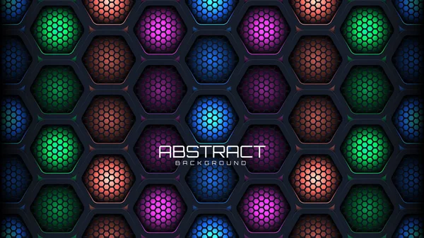 Fond Hexagonal Abstrait Avec Lumière Néon Colorée — Image vectorielle