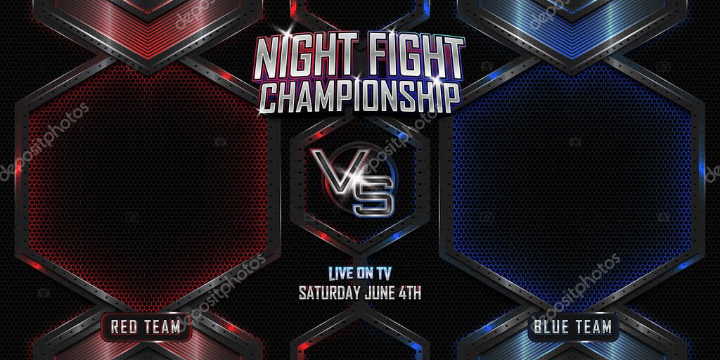 Versus championship battle fighting realistic 3d banner with modern metallic logo. MMA concept - Fight night, MMA, boxing, wrestling, Thai boxing, UFC poster.