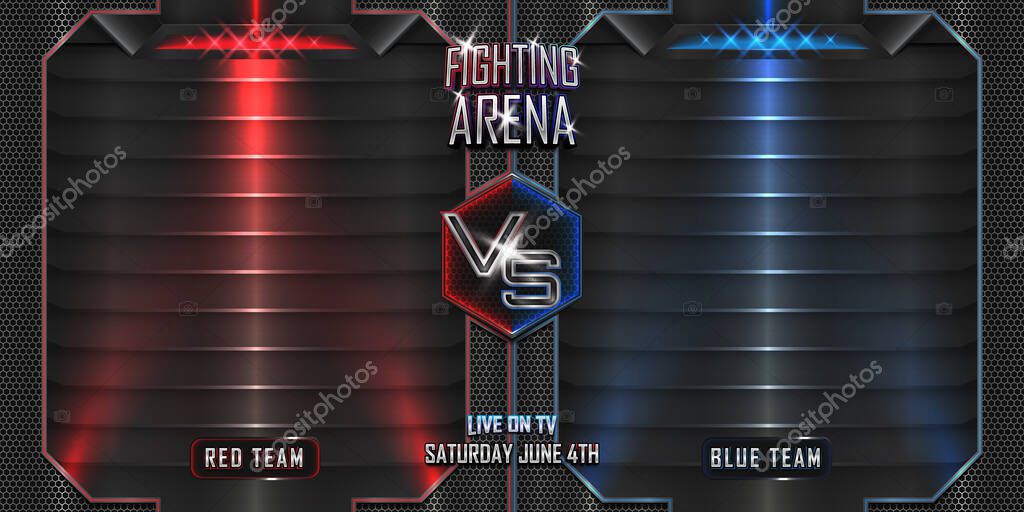 Fighting arena versus horizontal background with editable realistic 3d text effect. MMA concept - Fight night poster, MMA, boxing, wrestling, Thai boxing.