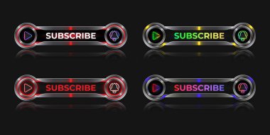 3d gerçekçi metalik gümüş pankart şablonunu neon ışıklı çalma tuşu ve çan simgesi ile abone et