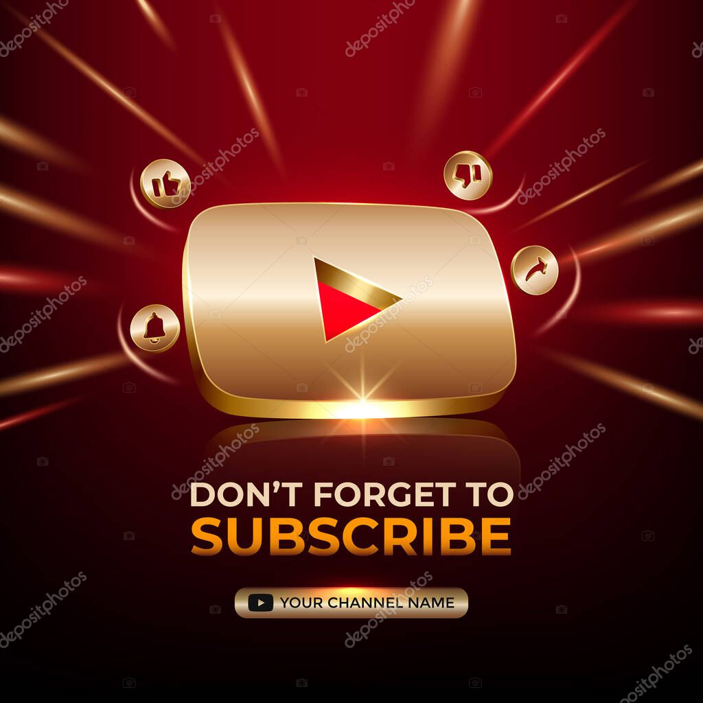 Youtube square banner 3d gold icon for business page promotion and social media post