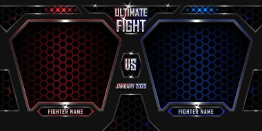 Realistic Ultimate fight sports 3d poster with modern metallic logo for boxing, wrestling, kick boxing, martial art, MMA, muay thai