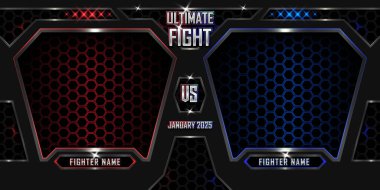 Realistic Ultimate fight sports 3d poster with modern metallic logo for boxing, wrestling, kick boxing, martial art, MMA, muay thai