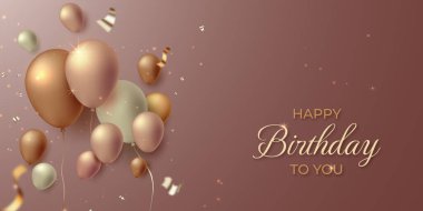 Mutlu yıllar sana, 3D gerçekçi balonlar ve kurdelelerle altın sarısı bir bayrak.