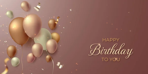 快乐的生日豪华横幅庆祝玫瑰金与3D现实气球和缎带 — 图库矢量图片