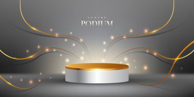 Altın kurdele elementleri ve parıltılı ışık efektleriyle gerçekçi beyaz ve altın renkli podyum
