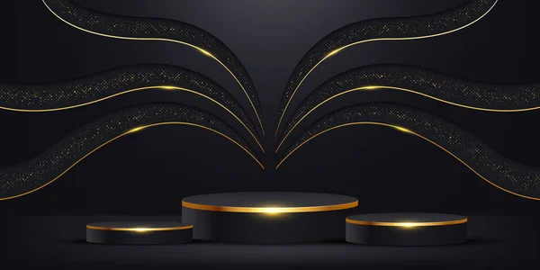 Podium Réaliste Cylindre Noir Avec Des Paillettes Noires Dorées Scène — Image vectorielle