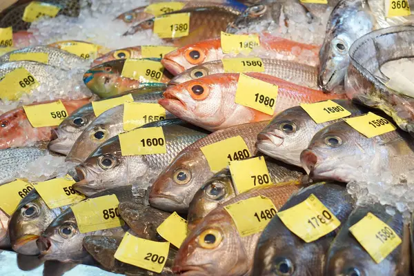 Taze pazarda etiketli taze balık. Etiketinde marka yok..