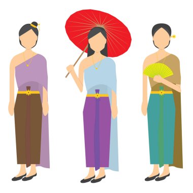 set of Traditional dress Thai Costumes with umbrella and with fan illustration icon isolated on white background