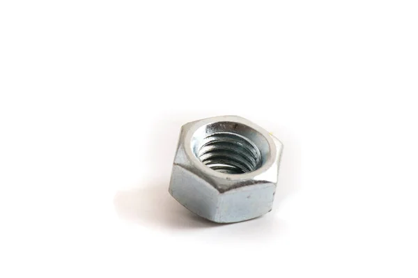 Macro Shot Metal Nut Isolated White Background Chromed Screw Nut — Stock Photo, Image