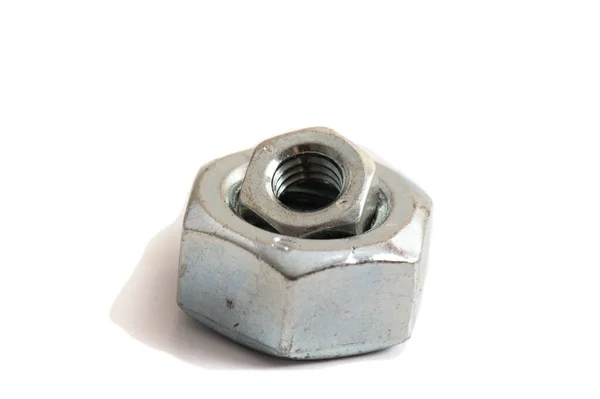 Macro Shot Metal Nut Isolated White Background Chromed Screw Nut — Stock Photo, Image