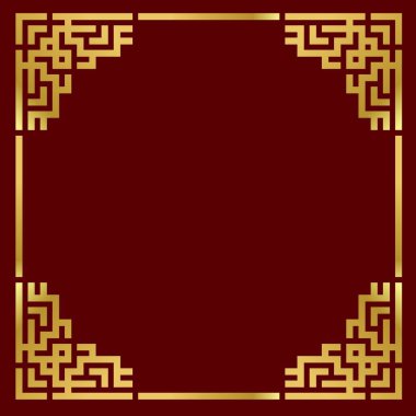 Kırmızı arka planda geleneksel altın porselen çerçeve. Çin retro sınırının düz bir temsili, altın sarısı antika dekoratif köşe.