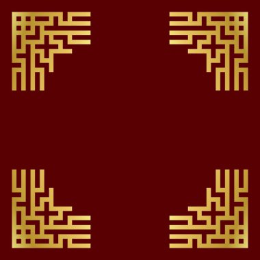 Kırmızı arka planda geleneksel altın porselen çerçeve. Çin retro sınırının düz bir temsili, altın sarısı antika dekoratif köşe.