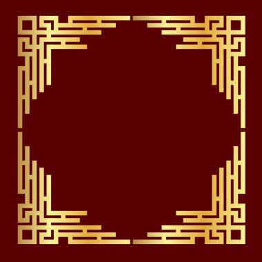 Kırmızı arka planda geleneksel altın porselen çerçeve. Çin retro sınırının düz bir temsili, altın sarısı antika dekoratif köşe.