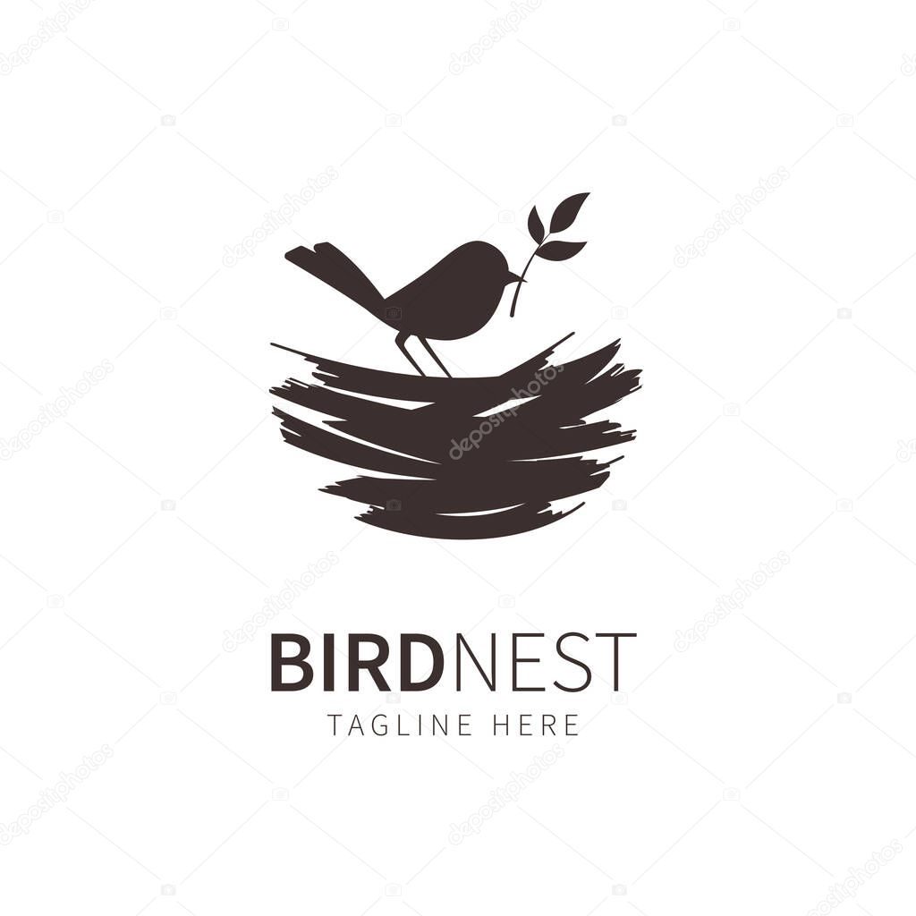 Nest logo illustration silhouette bird and leaf. birdhouse symbol