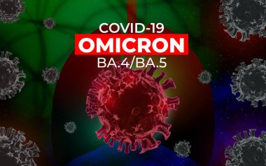 Covid 19 virüsü, SARS-CoV-2 Coronavirüs varyantı omicron ba.4 ba.5 Ciğerlerdeki bulaşıcı virüs hücrelerinin 3D mikroskobik görüntüsü