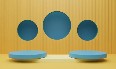 3d arkaplan ürünleri en az podyum sahnesi. Açık mavi ve sarı arka planda ürün için sahne geometri şekilli podyum oluşturun. Soyut geometrik 3D oluşturma. 